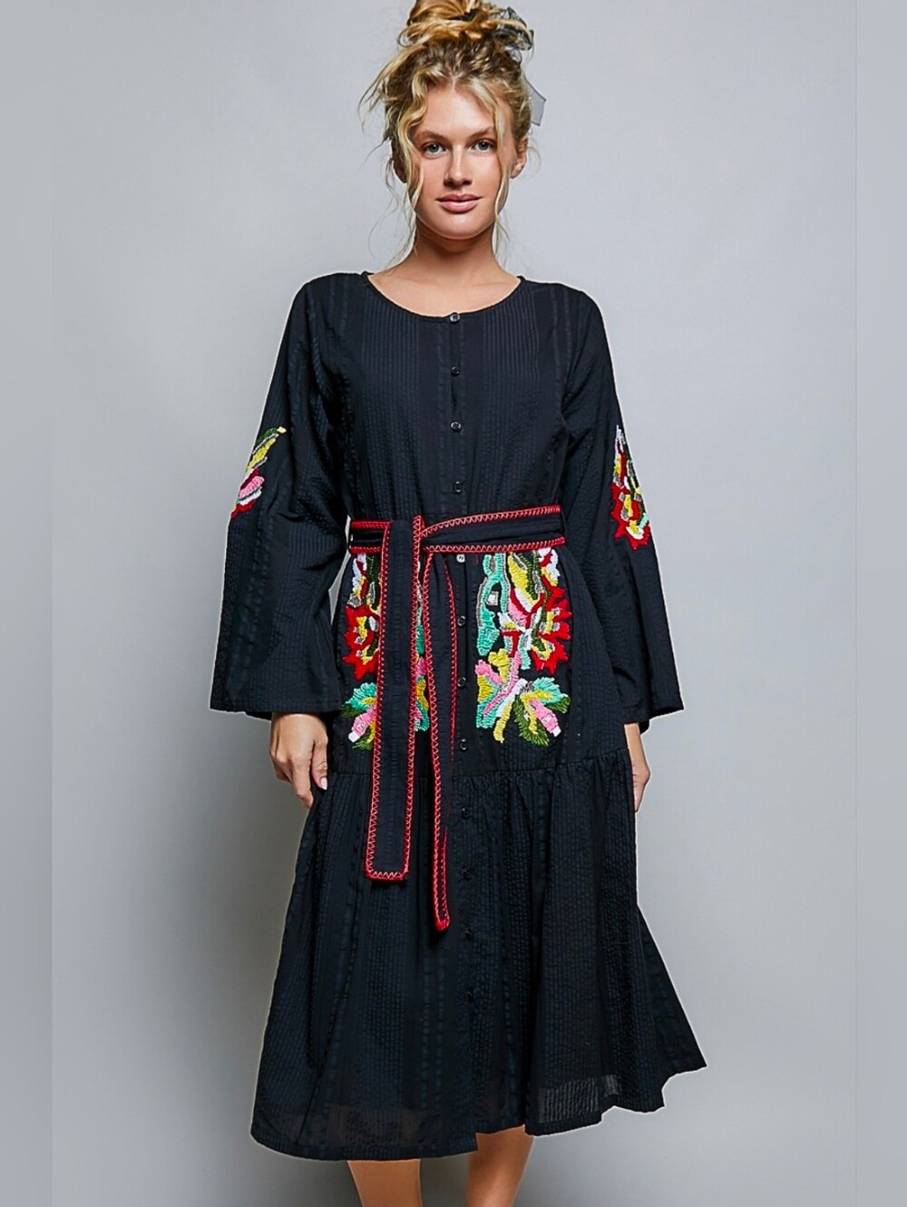 NEW!!! POL Embroidered Black Maxi Dress with Belt, NWT - Picture 3 of 6